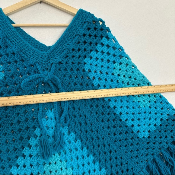 Handmade Teal Crochet Poncho Oversized Duster Boho Hippie Granny  *READ - Picture 6 of 12